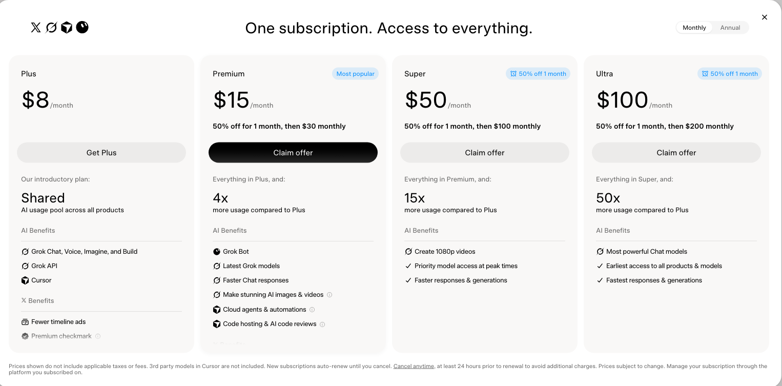 The X Subscription plan screen: Plus at $8, then Premium, Super and Ultra with 50% off the first month